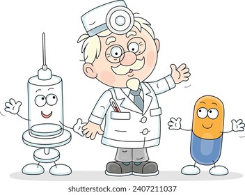 Good doctor in a white hospital gown friendly smiling and waving in greeting with a funny syringe and tablet, vector cartoon illustration isolated on a white background