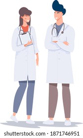 Good doctors talk to each other. Doctor man and woman. Vector illustration isolated on white background.