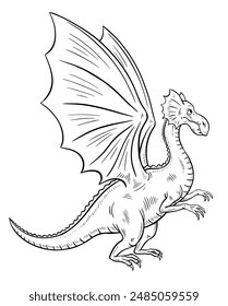 Good dragon with wings. Fairytale character. Fantastic mythical animal reptile. Cartoon vector art illustration. Black and white sketch. Drawing line