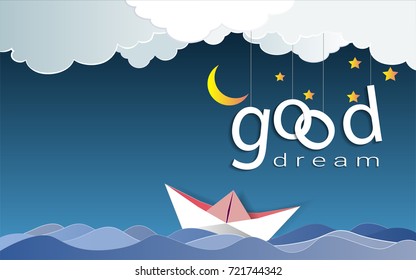 Good dream text design under the moon light and stars, Goodnight and Sleep well origami mobile concept, Vector illustration Paper art style.