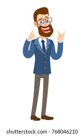 A good ear. Hipster Businessman pointing to his ear and showing Rock and Roll sign. Full length portrait of Cartoon Hipster Businessman Character. Vector illustration in a flat style. 