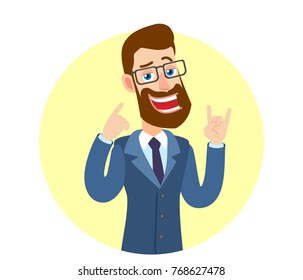 A good ear. Hipster Businessman pointing to his ear and showing Rock and Roll sign. Portrait of Cartoon Hipster Businessman Character. Vector illustration in a flat style.