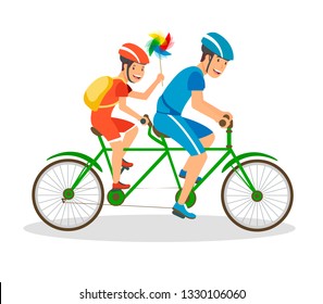 Good Educational Stay for Two Father and Son. Vector Flat Illustration on White Background. Dad Rides ahead Son in Red Clothes in Hands Children Multicolored Pinwheel Laugh and Communicate.