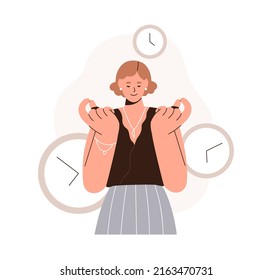 Good effective time-management concept. Person and clocks, watches, managing and controlling deadlines. Well-organized balanced life plan. Flat vector illustration isolated on white background