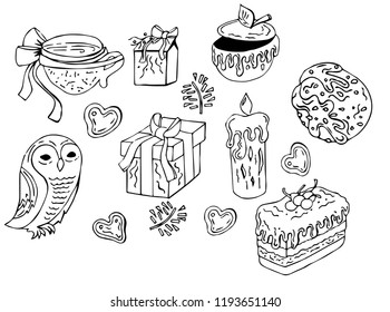 Good elements for cards and posters. Very cute vector doodle signs and symbols of winter season