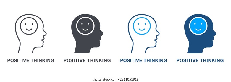 Good Emotion, Mental Health, Optimistic Person Symbol Collection. Positive Thinking and Inspiration Silhouette and Line Icon Set. Smile in Human Head Pictogram. Isolated Vector Illustration.