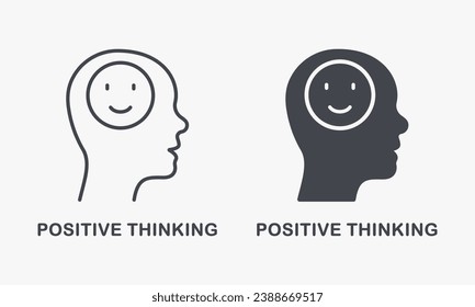 Good Emotion, Mental Health, Optimistic Person Symbol Collection. Positive Thinking and Inspiration Silhouette and Line Icon Set. Smile in Human Head Pictogram. Isolated Vector Illustration.