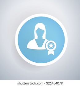 Good employee icon on blue button background, clean vector