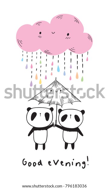 Good Evening Cute Pandas Umbrella Funny Stock Vector Royalty Free