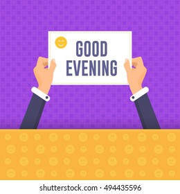 Good Evening Lettering, Hands Hold Card, Flat Vector Design
