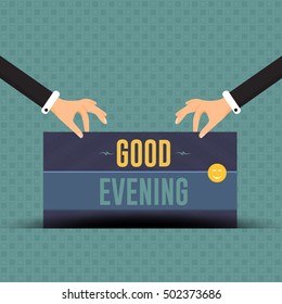 Good Evening Lettering, Hands Hold Card, Flat Vector Design
