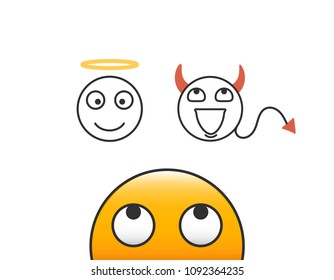 Good and evil concept. Emoticon character person looking at his conscience. Deciding between the good and the bad choice. Vector illustration with transparent background