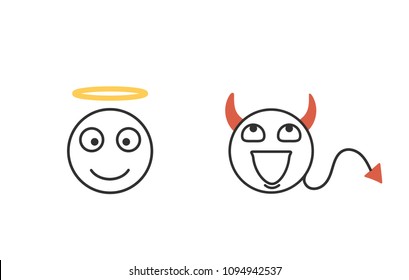 Good and evil concept emoticon icons. Character heads representing ethics and conscience. Good and Bad. Vector isolated icon set