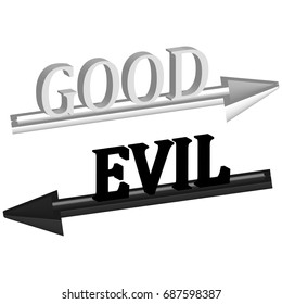 Good and evil concept. White and black arrows in two directions. EPS10 vector illustration isolated on white background. 3d arrow icons. Design element for business, infographic, poster, sign, poster.
