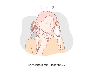 Good and evil, difficult choice concept. Young woman can not choose between good and evil. Thoughtful perplexed girl makes difficult choice and is temptated by angel and demon. Simple flat vector
