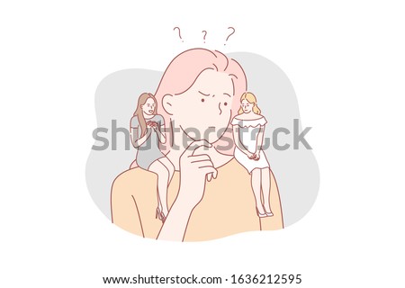Good and evil, difficult choice concept. Young woman can not choose between good and evil. Thoughtful perplexed girl makes difficult choice and is temptated by angel and demon. Simple flat vector