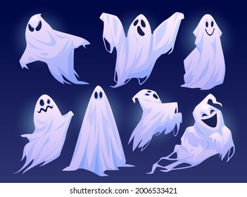 Good and evil ghosts of halloween, isolated set of personages in costumes. Floating apparitions with facial expression of sadness, joy and anger. Spooky monsters. Flat cartoon character vector