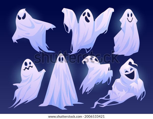 Good and evil ghosts of halloween, isolated set of\
personages in costumes. Floating apparitions with facial expression\
of sadness, joy and anger. Spooky monsters. Flat cartoon character\
vector