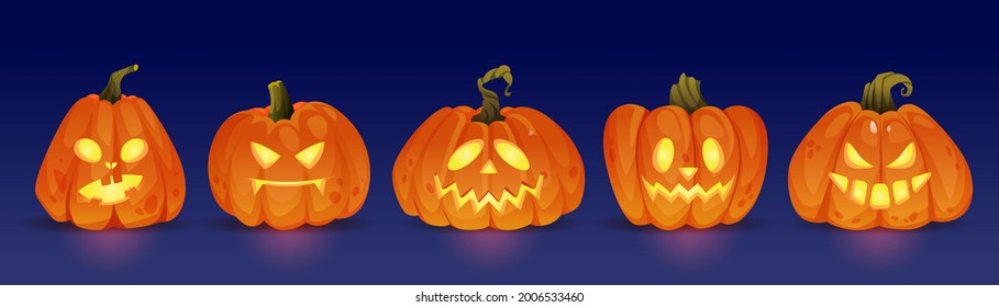 Good and evil glowing halloween pumpkin characters, haunting jack o lanterns with light. Trick or treat, autumn holiday celebration. Seasonal events and fun. Realistic cartoon character vector