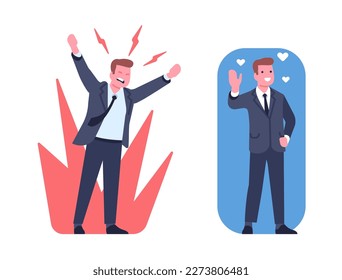 Buen y malvado gerente. Feliz o enojado jefe. Emociones supervisoras. Positivo y negativo. Furioso director agresivo gritando. Hombre sonriente con traje. Expresiones de empleado