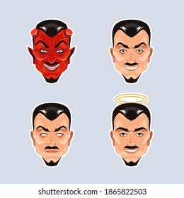 Good and evil in one person. One face with different emotions. A set of different emotional decisions. Laughing face with different looks. Evil and Good Face. Villain in the guise. Vector illustration