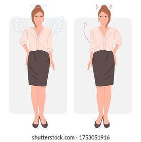 Gute und böse Sekretärinnen setzen Vektorgrafik Cartoon flach Design 