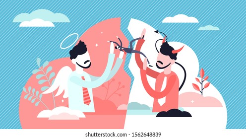 Good And Evil Vector Illustration. Opposite Forces In Flat Tiny Persons Concept. God And Devil Endless Fight As Cultural Choices Morality Aspect. Decision Dilemma And Inner Conflict Abstract Scene.