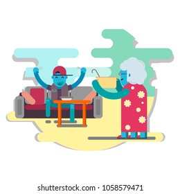 A good extraterrestrial grandmother feeds her happy grandson with borsch. Vector Illustration.
