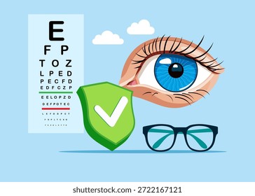 Buen ojo. Ojo con marca de verificación de escudo verde. Tratamiento oftalmológico. Cuidado de los ojos y pruebas de diagnóstico de la vista. Ilustración vectorial moderna en estilo plano