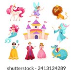 Good Fairytale Characters with Unicorn, Fairy, Lion, Mermaid, Dragon, Prince and Princess Vector Set