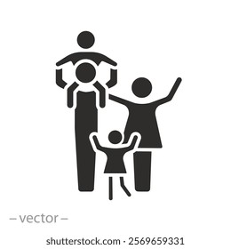 good family concept, happy parents with children icon, father with mother daughter and son, care for kids, flat vector illustration