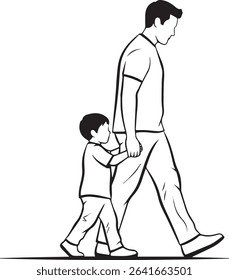 a good father walking with her son vector silhouette line art on white background