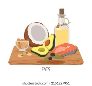 Buena comida de grasas. Aceite de oliva, aceitunas, aguacate, coco, pescado y nueces. Conjunto de macronutrientes sanos suministrados por alimentos. Problemas de obesidad, pérdida de peso y buena salud. Ilustración aislada vectorial plana.