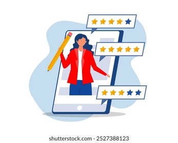 good feedback or credit score, evaluation rank Feedback, customers review, positive user experience concept. 5 stars rating of mobile app, online service satisfaction