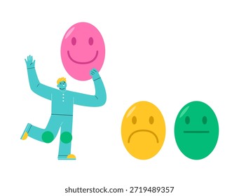 Buena calificación de Comentarios. Hombre que escoge el símbolo de sonrisa feliz. Ilustración vectorial colorida 
