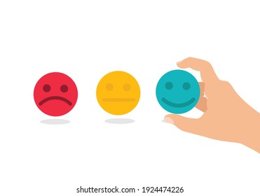 Good feedback rating and positive customer review, experience, satisfaction survey . Mental health concept. World mental health day. Hand choosing happy smiling 