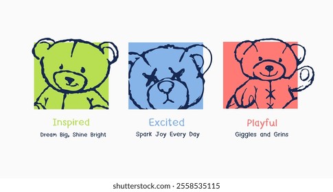 good feelings slogan with colorful cartoon bear doll line art vector illustration