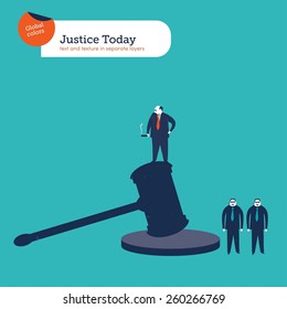 Good fella standing on a hammer of justice with bodyguards. Vector illustration Eps10 file. Global colors. Text and Texture in separate layers.