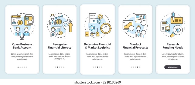 Good financial management for startup onboarding mobile app screen. Walkthrough 5 steps editable graphic instructions with linear concepts. UI, UX, GUI template. Myriad Pro-Bold, Regular fonts used
