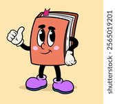 Good finger gesture Happy Book Mascot orange cartoon character in vintage retro style on background