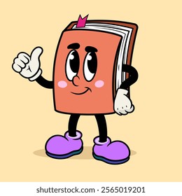 Good finger gesture Happy Book Mascot orange cartoon character in vintage retro style on background