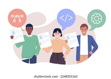 Good first impression at job fair 2D vector isolated illustration. Developers holding CVs flat characters on cartoon background. Colorful editable scene for mobile, website, presentation