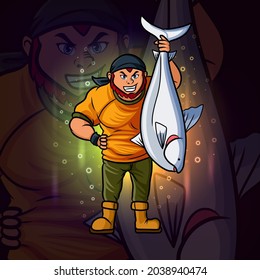 The good fisher with big fish esport logo design of illustration