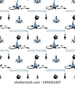 Good fishing. Anchor and black cat in a sailor suit. Seamless pattern. Design for printing on a t-shirt, textiles, packaging materials.