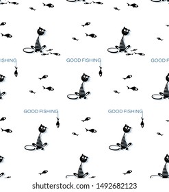 Good fishing. Black cat in a sailor suit. Seamless pattern. Design for printing on a t-shirt, textiles, packaging materials.