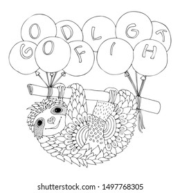 Good flight. Cute smiling sloth hanging on a branch. Sloth flies on an airship from balloons. Vector illustration for adult coloring page. May be used for print on t-shirt, wallpaper or postcard.