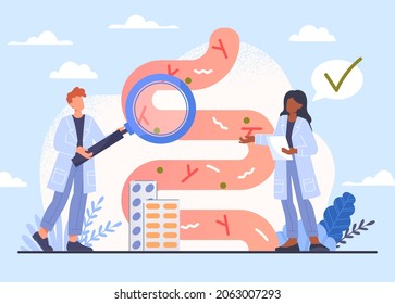 Good flora concept. Scientists looking at intestines with magnifying glass. Analysis, professionals look at patient. Gastrointestinal tract and digestive system. Cartoon flat vector illustration