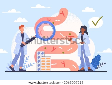 Good flora concept. Scientists looking at intestines with magnifying glass. Analysis, professionals look at patient. Gastrointestinal tract and digestive system. Cartoon flat vector illustration