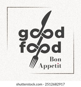 Bom alimento Conceito criativo com garfo de faca e duplo sinal infinito combinado com logotipo e Bon Appetit Lettering - preto no fundo da luz - Vetor plano design gráfico