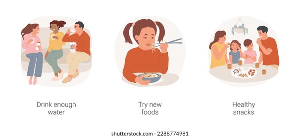 Good food habits isolated cartoon vector illustration set. Drink enough water, people with water bottles, try new foods, child eating with chopsticks, healthy snacks, eat veggies vector cartoon.